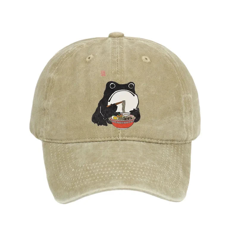 Unisex 100% Cotton Funny Frog Eating Ramen Vintage Print Cap - Khaki - one size - image 1