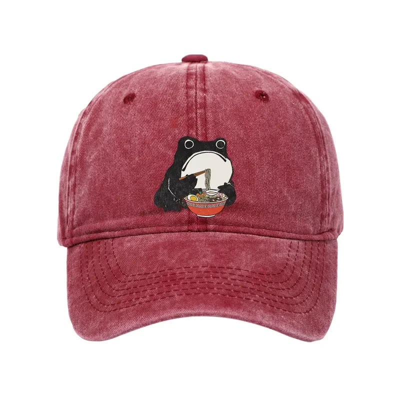 Unisex 100% Cotton Funny Frog Eating Ramen Vintage Print Cap - Rose - one size - image 6