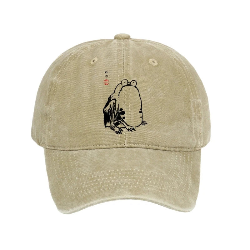 Unisex 100% Cotton Grumpy Frog Matsumoto Hoji Vintage Print Cap - Khaki - one size - image 1
