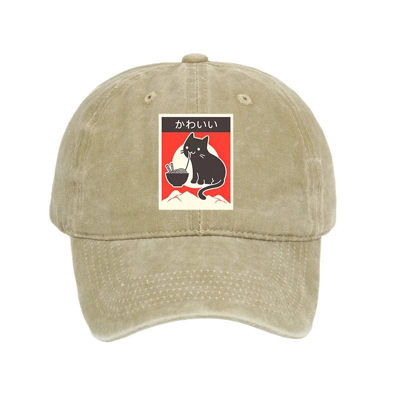 Unisex 100% Cotton Kawaii Vintage Style Japenese Ramen Cat Print Cap - Khaki - one size - image 1