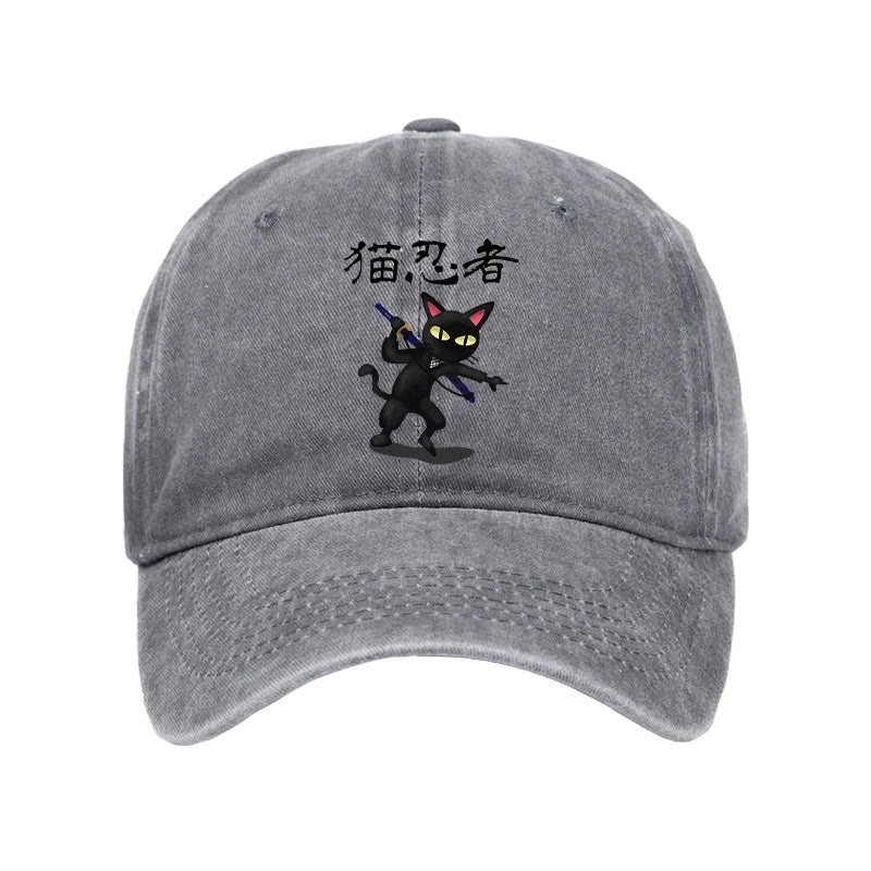 Unisex 100% Cotton Ninja Cat Vintage Print Cap - Grey - one size - image 1