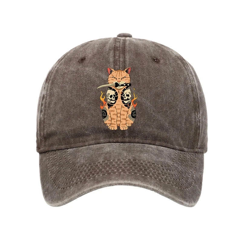 Unisex 100% Cotton Catana Cat Skull Tattooed Samurai Vintage Print Cap - Coffee - one size - image 3
