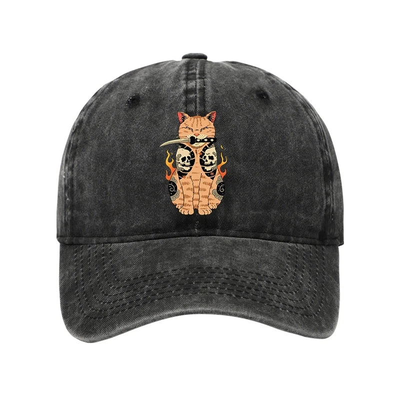 Unisex 100% Cotton Catana Cat Skull Tattooed Samurai Vintage Print Cap - Black - one size - image 1