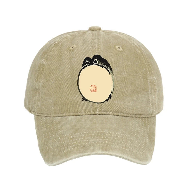 Unisex 100% Cotton Grumpy Frog Japanese Vintage Print Cap - Khaki - one size - image 1