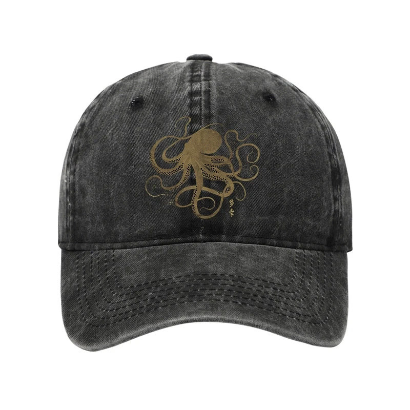Unisex 100% Cotton Octopus Japanese Gold Print Tattoo Vintage Print Cap - Black - one size - image 1