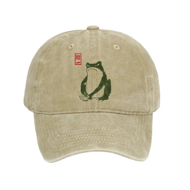 Unisex 100% Cotton Woodblock  Print Frog Vintage Print Cap - Khaki - one size - image 1