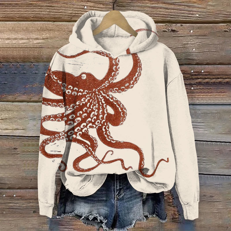Japanese Retro Octopus Art Print Long Sleeve Hoodie - Apricot - 8XL - image 1
