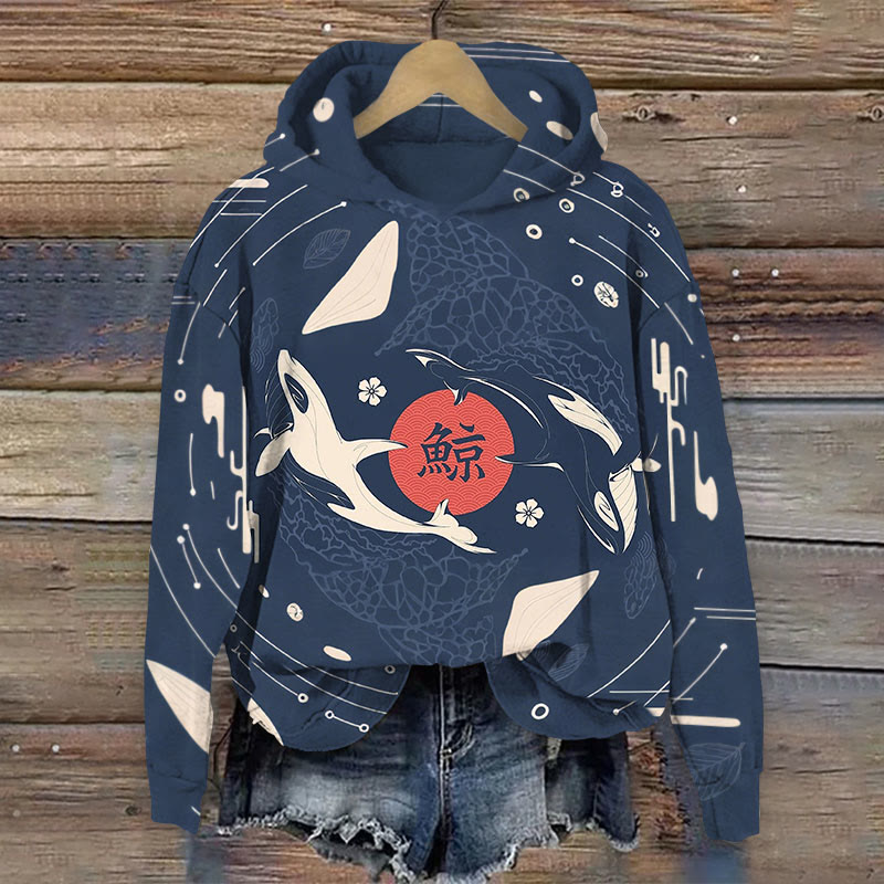 Minimalist Aesthetic Yin Yang Orca Whale Japanese Art Print Long Sleeve Hoodie - Dark Blue - 8XL - image 1