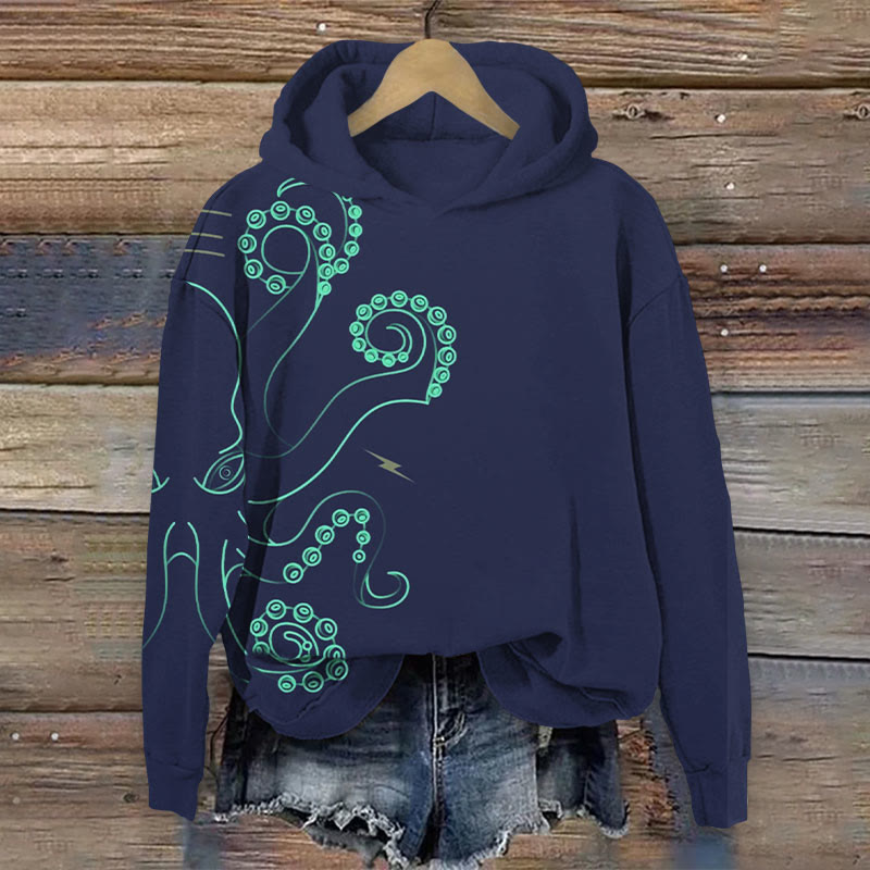 Dark Sea Monster Octopus Lightning Art Print Long Sleeve Hoodie - Dark Blue - 8XL - image 1