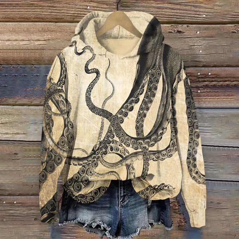 Vintage Octopus Tentacles Art Print Long Sleeve Hoodie - Apricot - 8XL - image 1
