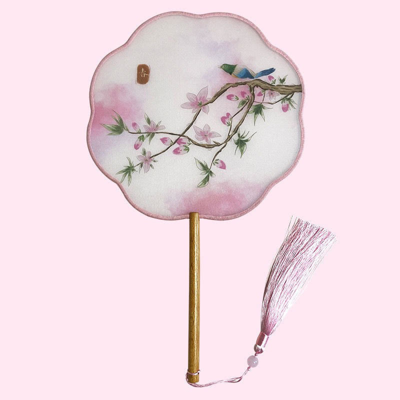 Retro Japanese Peach Blossom Bird Translucent Long Handle Fan