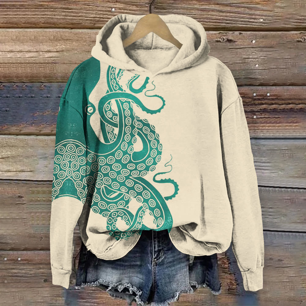 Contrast Ombre Octopus Print Long Sleeve Hoodie - Apricot - 8XL - image 1
