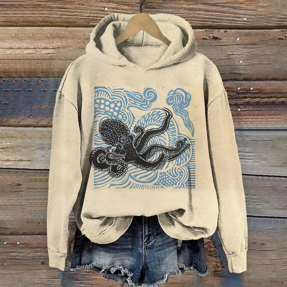 Japanese Wave Octopus Print Long Sleeve Hoodie - Apricot - 8XL - image 1