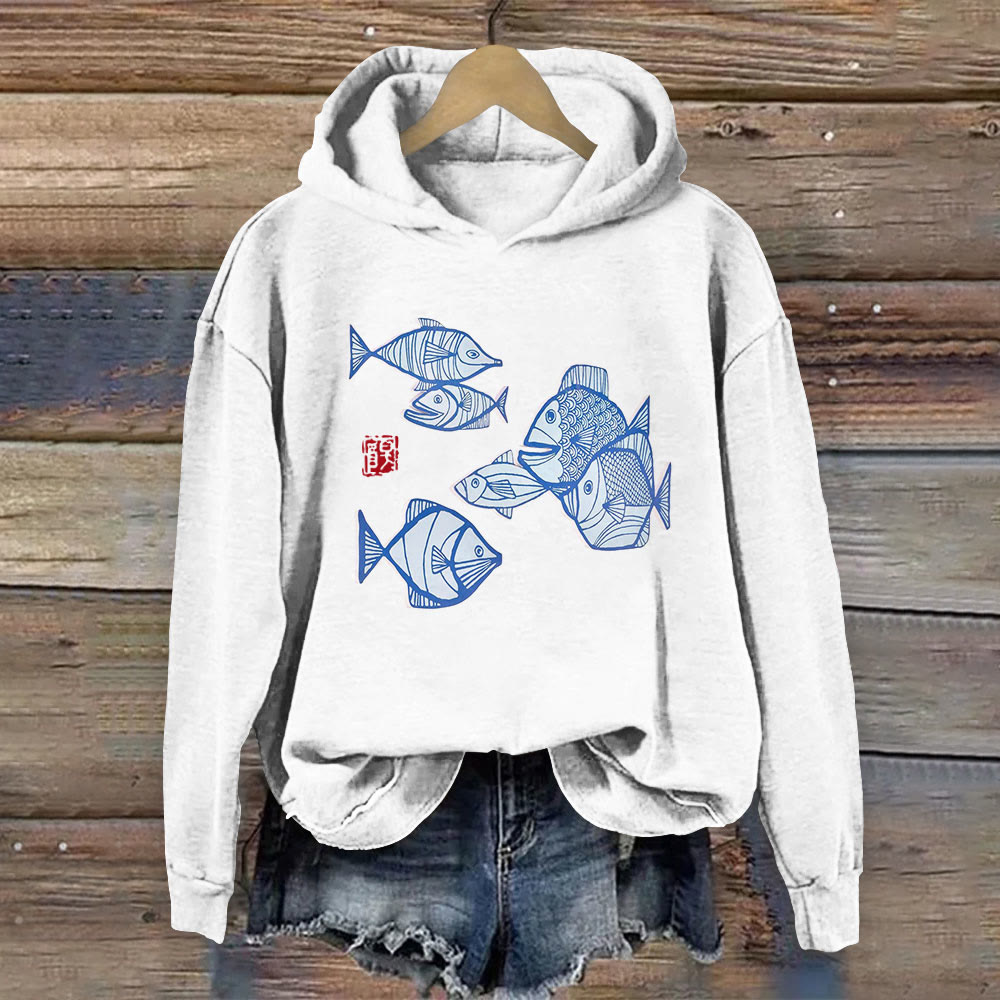 Japanese Ugly Fish Print Long Sleeve Hoodie - White - 8XL - image 1
