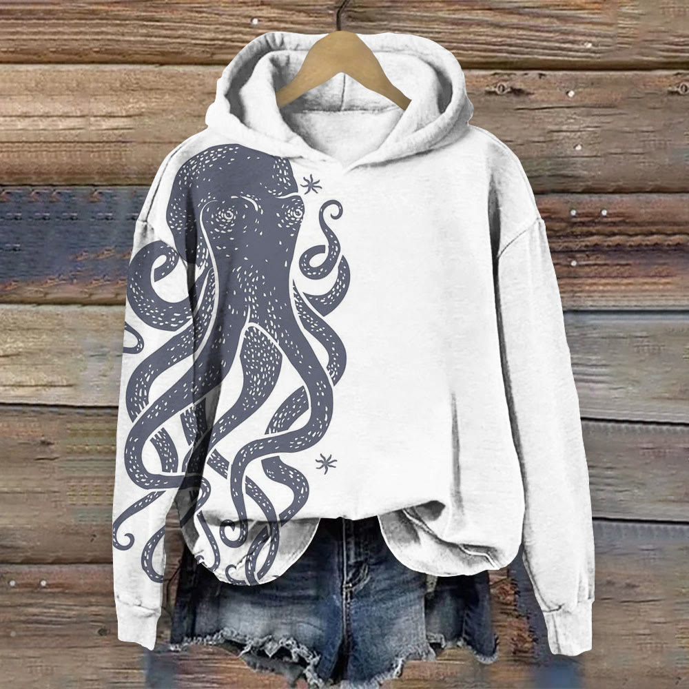 Starlight Octopus Print Long Sleeve Hoodie - White - 8XL - image 1