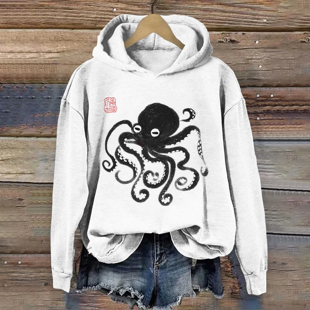 Japanese Funny Octopus Print Long Sleeve Hoodie - White - 8XL - image 1