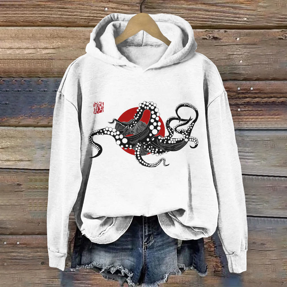 Japanese Red Sun Octopus Print Long Sleeve Hoodie - White - 8XL - image 1