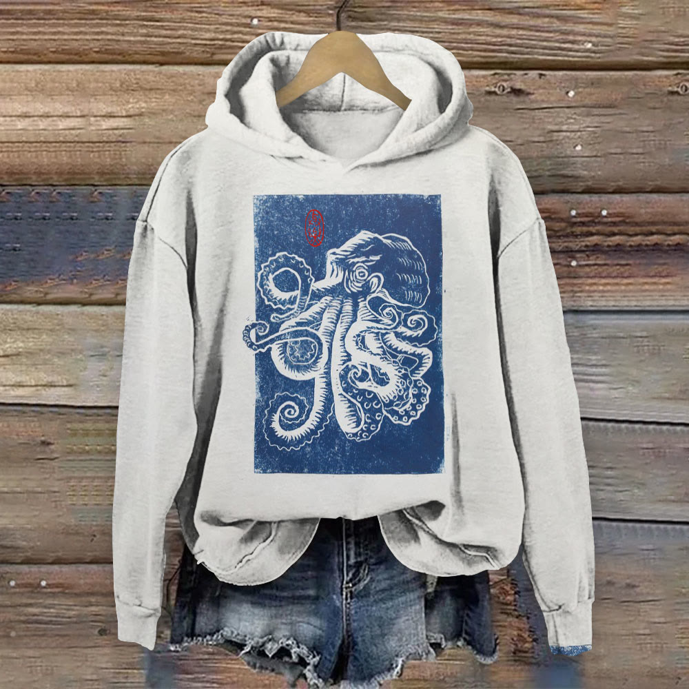 Japanese Octopus Stamp Print Long Sleeve Hoodie - Light Gray - 8XL - image 1