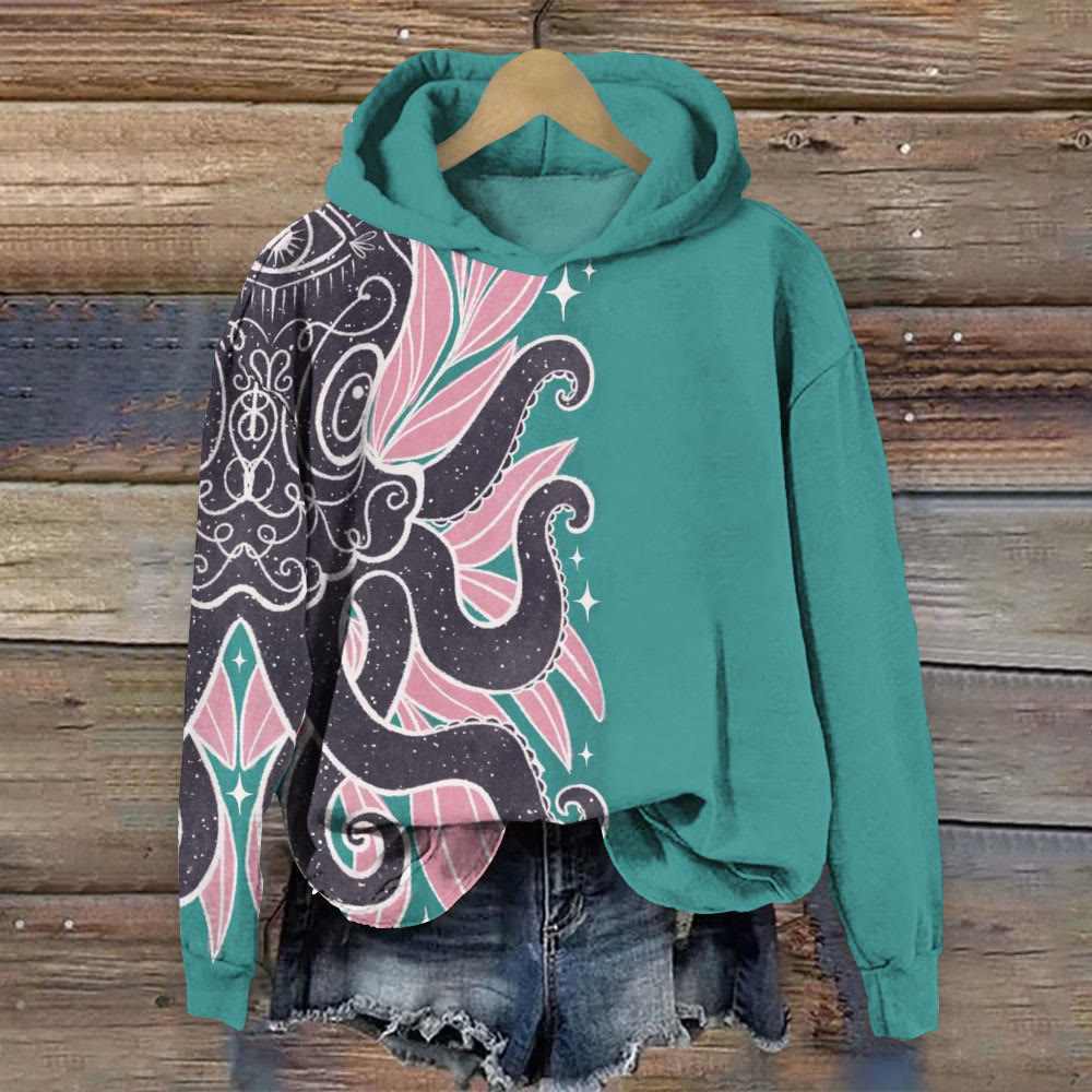Contrast Color Ethnic Style Octopus Print Long Sleeve Hoodie - Lake Blue - 8XL - image 1