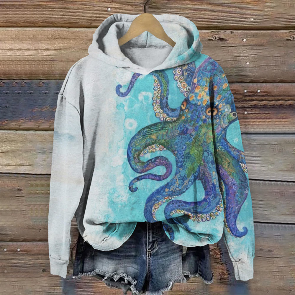 Smudge Oil Painting Octopus Print Long Sleeve Hoodie - Blue - 8XL - image 1