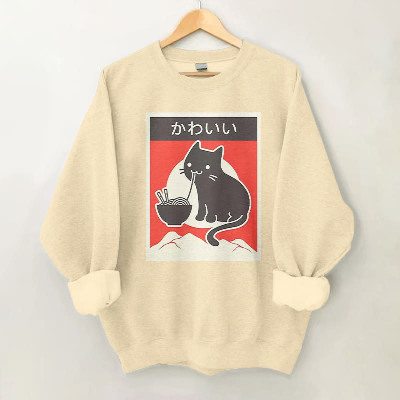 100% Cotton Japanese Cute Cat Eating Ramen Print Round Neck Casual Fleece Sweatshirt - Apricot - 2XL - image 1