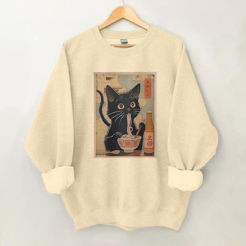 100% Cotton Vintage Japanese Cat Eating Noodles Print Round Neck Casual Fleece Sweatshirt - Apricot - 2XL - image 1