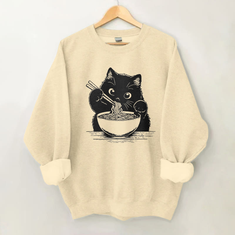 100% Cotton Adorable Black Cat With Ramen Print Round Neck Casual Fleece Sweatshirt - Apricot - 2XL - image 1