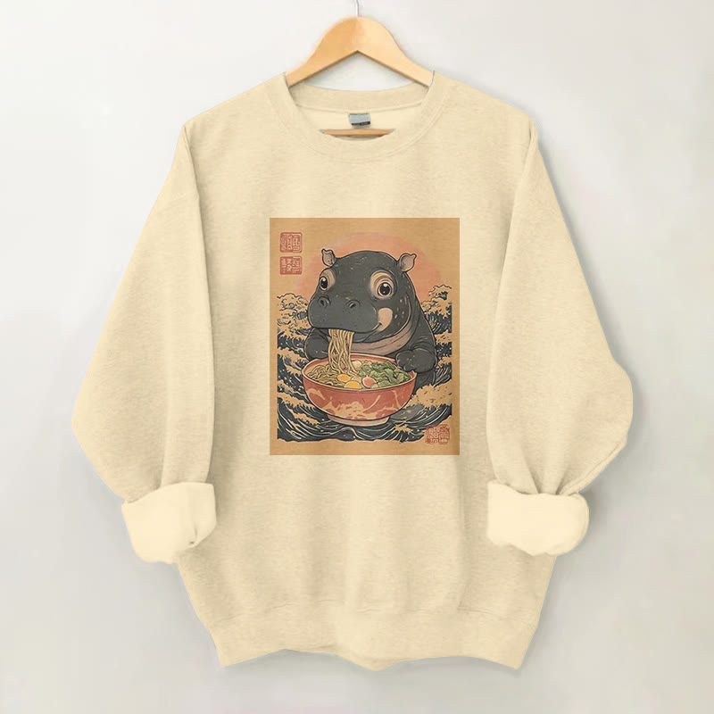 100% Cotton Japanese Cute Hippo Eating Ramen Print Round Neck Casual Fleece Sweatshirt - Apricot - 2XL - image 1