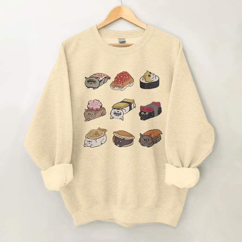 100% Cotton Japanese Kawaii Sushi Cats Print Round Neck Casual Fleece Sweatshirt - Apricot - 2XL - image 1