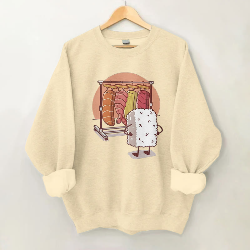 100% Cotton Funny Sushi Rice Choosing Outfits Print Round Neck Casual Fleece Sweatshirt - Apricot - 2XL - image 1