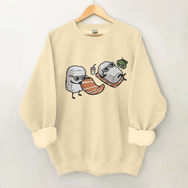 100% Cotton Sushi Rice Relaxing By The Pool Print Round Neck Casual Fleece Sweatshirt - Apricot - 2XL - image 1