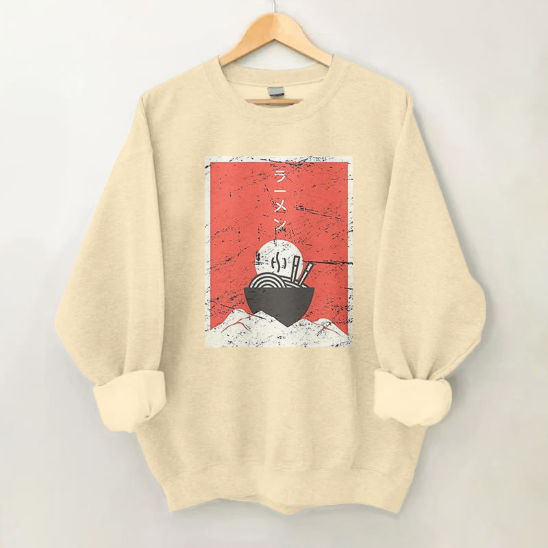 100% Cotton Japanese Retro Ramen Bowl Print Round Neck Casual Fleece Sweatshirt - Apricot - 2XL - image 1