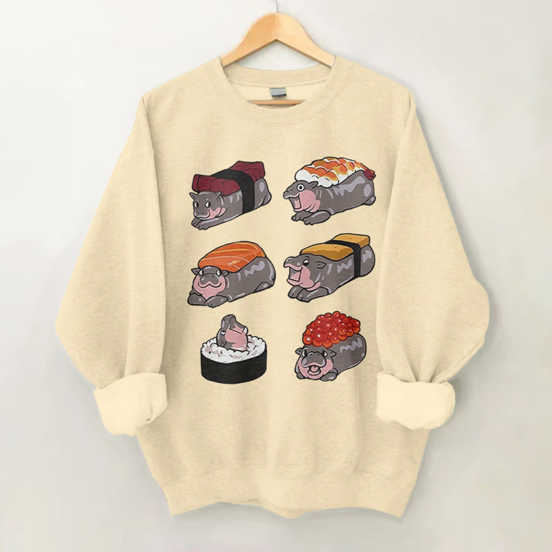 100% Cotton Hippo Sushi Variations Print Round Neck Casual Fleece Sweatshirt - Apricot - 2XL - image 1