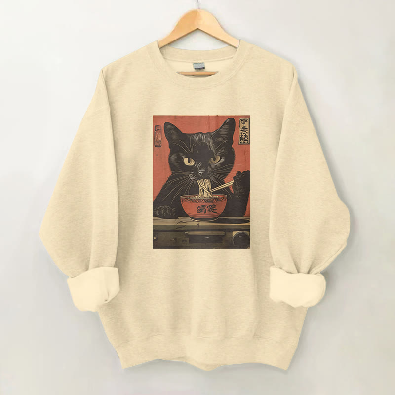 100% Cotton Serious Cat Eating Ramen Print Round Neck Casual Fleece Sweatshirt - Apricot - 2XL - image 1