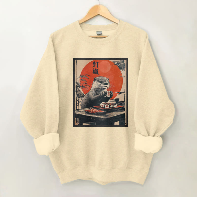 100% Cotton Vintage Otter Eating Sushi  Print Round Neck Casual Fleece Sweatshirt - Apricot - 2XL - image 1