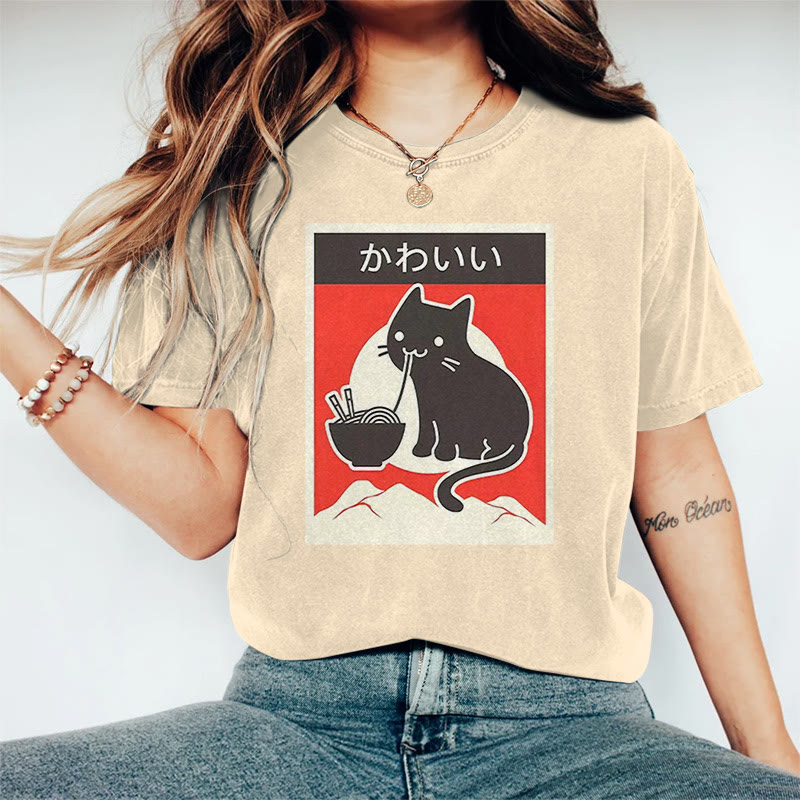 100% Cotton Japanese Cute Cat Eating Ramen Print T-shirt - Apricot - 2XL - image 1