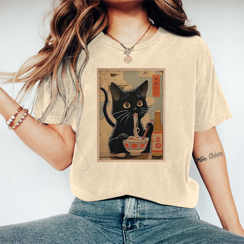 100% Cotton Vintage Japanese Cat Eating Noodles Print T-shirt - Apricot - 2XL - image 1