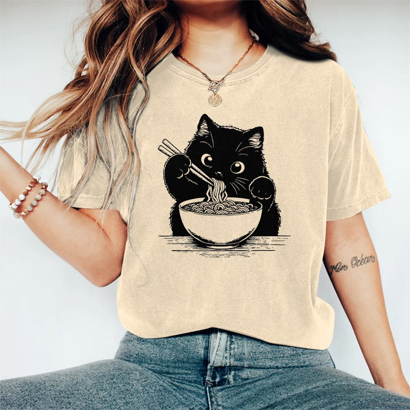 100% Cotton Adorable Black Cat With Ramen Print T-shirt - Apricot - 2XL - image 1