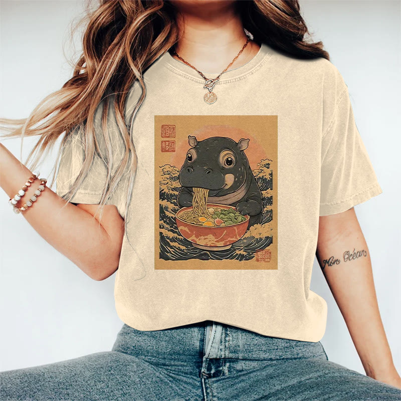 100% Cotton Japanese Cute Hippo Eating Ramen Print T-shirt - Apricot - 2XL - image 1