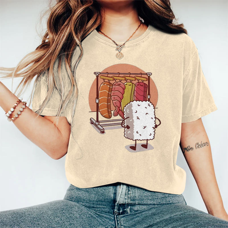 100% Cotton Funny Sushi Rice Choosing Outfits Print T-shirt - Apricot - 2XL - image 1