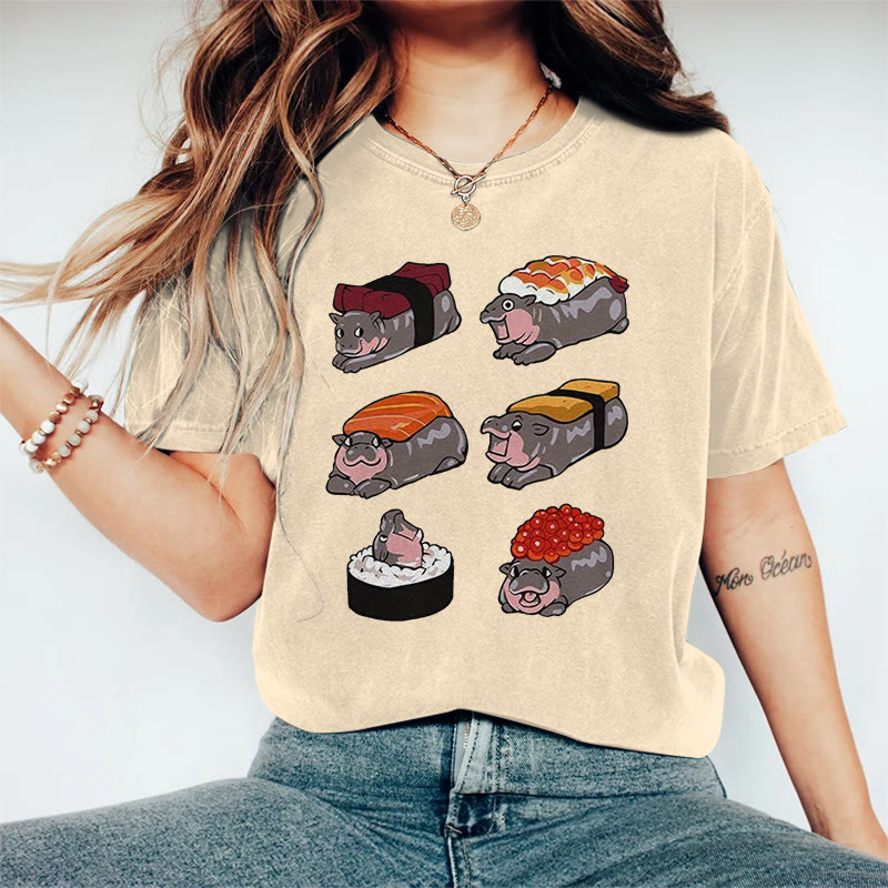 100% Cotton Hippo Sushi Variations Print T-shirt - Apricot - 2XL - image 1