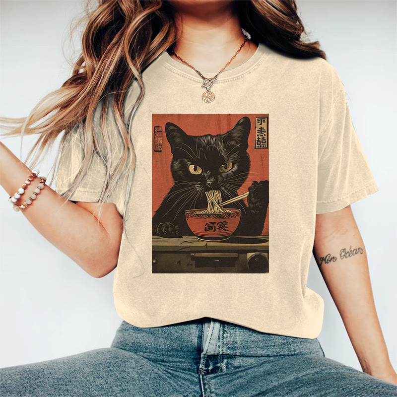 100% Cotton Serious Cat Eating Ramen Print T-shirt - Apricot - 2XL - image 1