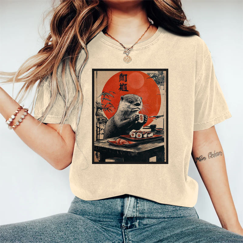 100% Cotton Vintage Otter Eating Sushi Print T-shirt - Apricot - 2XL - image 1