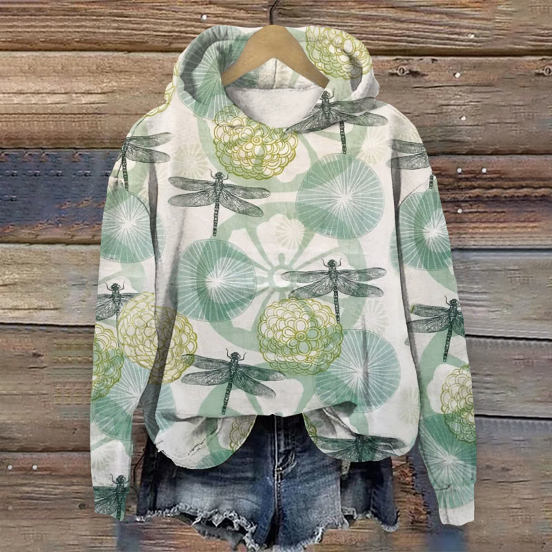 Japanese Retro Dragonfly Art Print Long Sleeve Hoodie - Green - 8XL - image 1