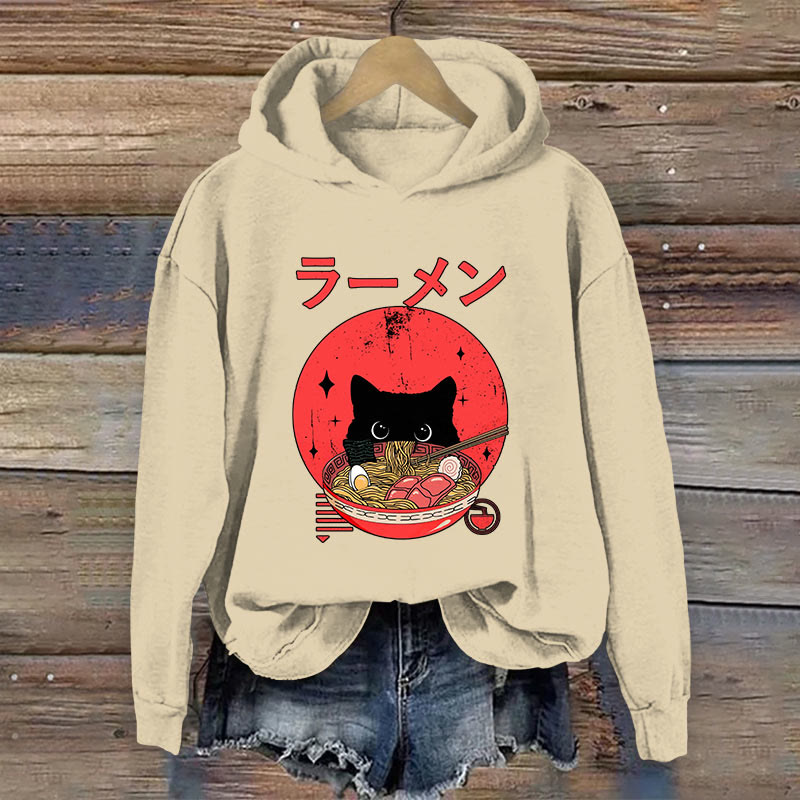 Japanese Cat Ramen Print Long Sleeve Hoodie - Apricot - 8XL - image 1