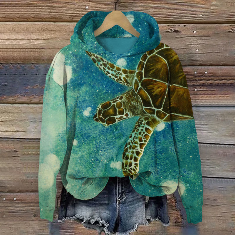 Ombre Sea Turtle Watercolor Painting Print Long Sleeve Hoodie - Lake Blue - 8XL - image 1