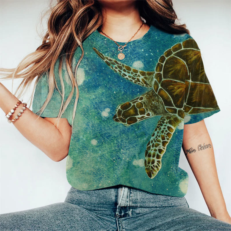 Ombre Sea Turtle Watercolor Painting Print Crew Neck T-shirt - Lake Blue - 8XL - image 1