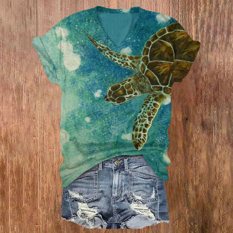 Ombre Sea Turtle Watercolor Painting Print V-neck T-shirt - Lake Blue - 5XL - image 1