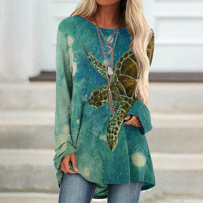 Ombre Sea Turtle Watercolor Painting Print Tunic - Lake Blue - 8XL - image 1