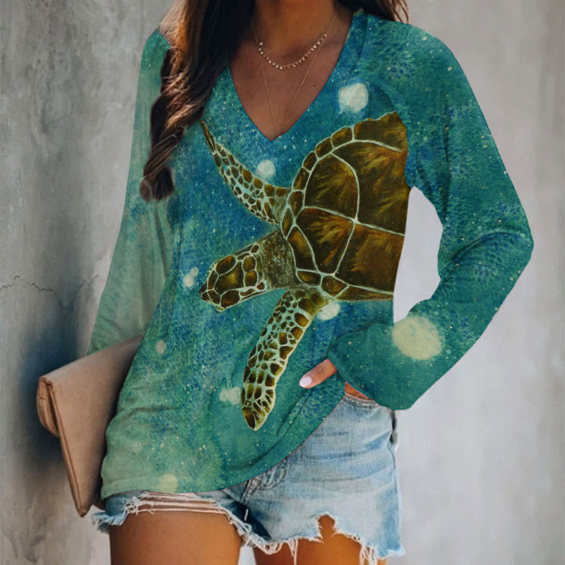 Ombre Sea Turtle Watercolor Painting Print V-neck Long Sleeve T-shirt - Lake Blue - 5XL - image 1